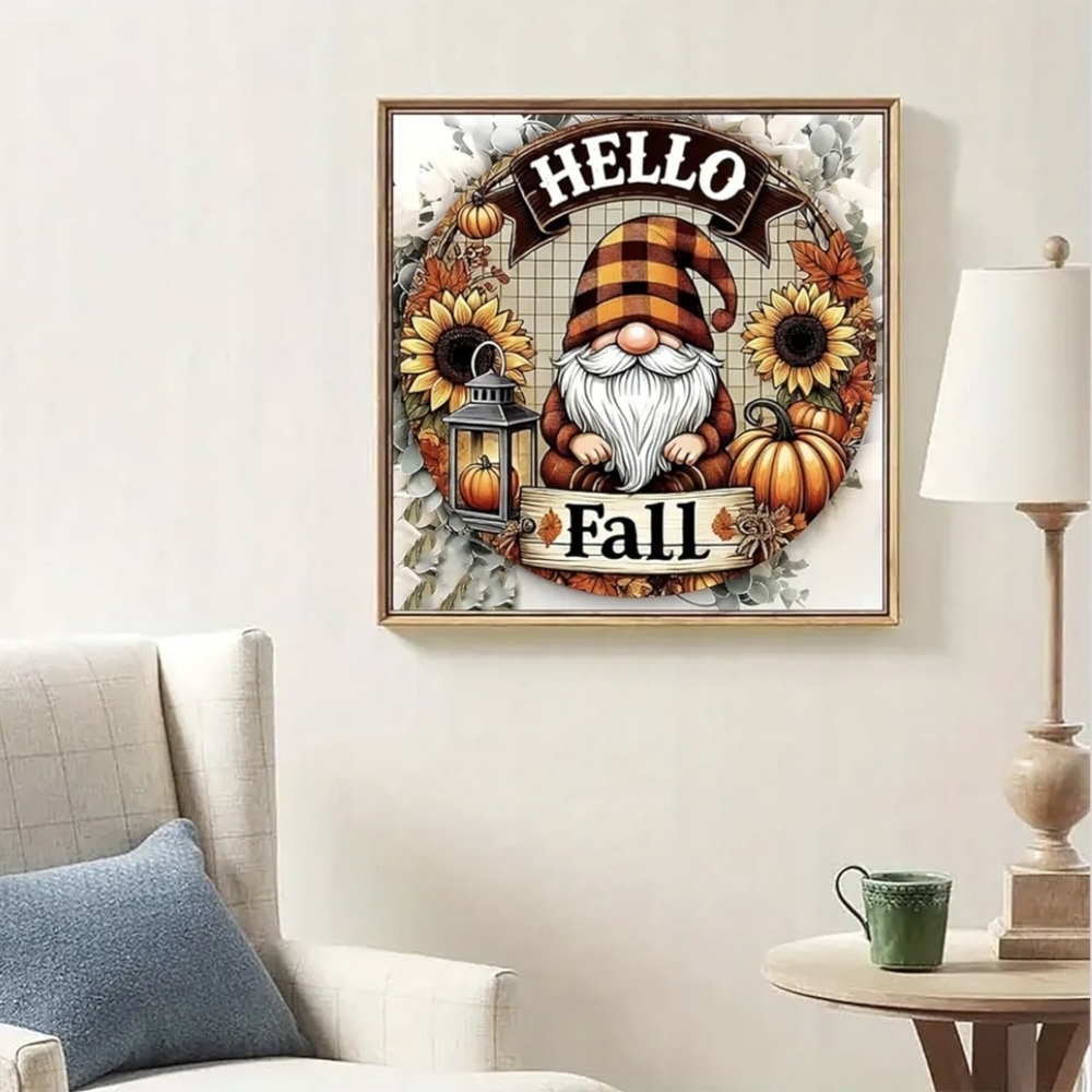 Hello Fall Wreath Pumpkins Sunflowers Plaid Gnome 5D Diamond Painting Kit New - Picture 2 of 7